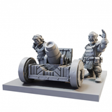 Halfling Howitzer for Kings of War by Mantic Games. two halfling miniatures operate a cannon gun looking contraption mounted on a wooden structure with wheels.