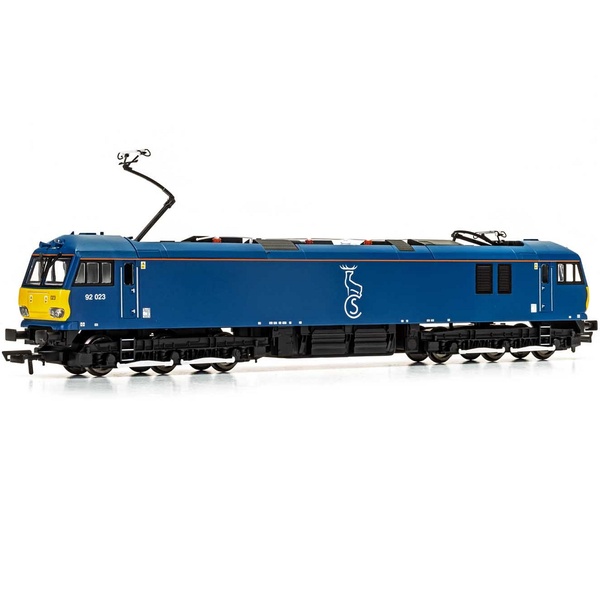 Caledonian Sleeper Class 92 92023 by Hornby. Scale model railway locomotive in blue with a yellow accent 