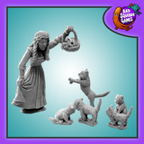 Bad Squiddo Games metal gaming figure, aria hold a basket of fish up high while her 5 kittens gather around her feet.