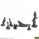 A pack of 7 Familiars from the Bones USA Dungeons Dwellers range by Reaper Miniatures. This pack contains various animal companions including snake, monkey, bunny, owl, weasel and lizard 