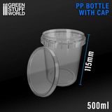 PP Bottle With Cap 500ml by Green Stuff World a round 500ml plastic container with a flat lid, great for storing hobby supplies, basing materials and more.