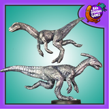 A fantastic set of two metal miniatures in the style of parasaurolophus and coelophysis dinosaurs by Bad Squiddo Games