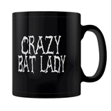 A black mug featuring the words Crazy Bat Lady 