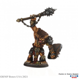painted Bhonk, Bugbear Chieftain miniature gaming figure holding a mace above his head and a shield in the other hand
