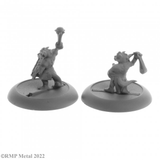 A pack of 2 Ratpelt Kobolds from the Dark Heaven Legends metal range by Reaper Miniatures sculpted by Bobby Jackson. Two kobolds one with a weapon raised high and holding a crude shield and the other with a slingshot
