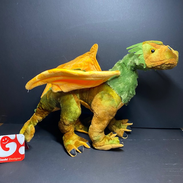 Plushie 19" toy. A wonderful posable fantasy green, brown and orange dragon with orange wings