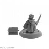 Stitch Thimbletoe from the Dark Heaven Legends metal range by Reaper Miniatures sculpted by Bobby Jackson.  A halfling thief rogue holding a sword and money bag with a treasure chest for your table top. 