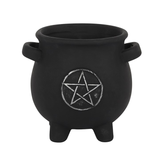 black terracotta cauldron shaped pot adorned with a silver pentagram