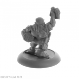 Jalarak Leadbarrels from the Dark Heaven Legends metal range by Reaper Miniatures sculpted by Jason Wiebe.  A metal miniature of a dwarf with a barrel under his arm, three beer jugs raised up above his head, braids in his beard and an eyepatch