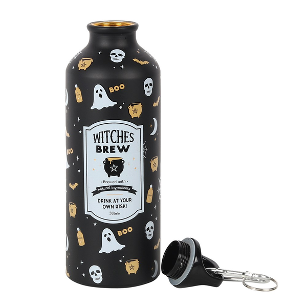 A black bottle with Halloween inspired decoration and 'Witches Brew' imitation label