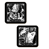 Set of four square monochrome coasters featuring The Slayer, The Werewolf, The Undead and The Vampyre with wonderful art work