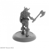 Jana Frostwind Barbarian from the Dark Heaven Legends metal range by Reaper Miniatures, holding a shield in one hand and wearing a horned helm and fur topped boots this metal miniature has a choice of sword or axe for her other hand