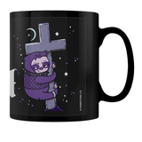 A black mug featuring a purple, fishnet wearing sloth hangs from a graveyard crucifix, a crescent moon in the starry sky behind.