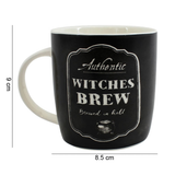 Witches Brew Mug. a black mug with white handle and white inside and the dimensions written on 