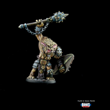 painted Bhonk, Bugbear Chieftain miniature gaming figure holding a mace above his head and a shield in the other hand