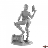 Scarlet Cyberist Dustrunner from the Chronoscope metal range by Reaper Miniatures sculpted by Gene Van Horne a 75mm scale miniature of a female cyberpunk, futuristic, pin up style figure with her leg up on a box and a pistol in one hand.
