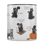 white mug featuring a black cat in various mischievous positions all the way around, black inner and handle. 