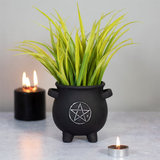 black terracotta cauldron shaped pot adorned with a silver pentagram and a green plant in it and candles around 