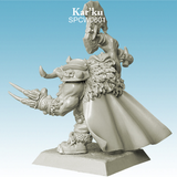 Kar'Ku by spellcrow. . This resin miniature of an Orc holds a Axe above his head and clawed weapons strapped to his other hand. With a chain around his neck, fur copped cape at his back and Orc snarl on his face