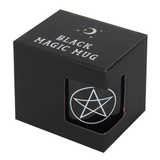 Black box containing a ceramic black mug with a white design depicting the Wiccan pentagram five pointed star 