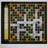 Scrabble Art Deco Edition board with tiles laid out 