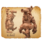 Moonstone Ribald The Troll miniature. A troll fitted with a cannon on its head and cannon balls in a bag on its hip being directed by a cannon firing goblin 