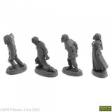 A pack of 4 Zombies from the Bones USA Dungeons Dwellers range by Reaper Miniatures. This pack contains four plastic zombies both male and female in various poses of typical undead shambling dressed in peasant style clothing from the middles ages. Side view