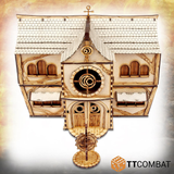 his MDF kit lets you build the Fancy Hat's Townhouse (so named as the resident of the house loves fancy hats), this elaborate building with its tiled roof, round and arched windows and back steps will make a great edition to your gaming table, RPG setting or diorama.- front view