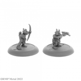 A pack of 2 Ratpelt Kobold Archers from the Dark Heaven Legends metal range by Reaper Miniatures sculpted by Bobby Jackson. Two kobolds one with a bow and the other with a crossbow