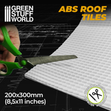 ABS Plasticard Roof Tiles Textured Sheet by Green Stuff World with scissors 