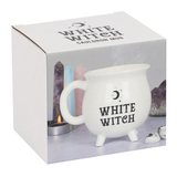 boxed mug. A lovely white mug in the shape of a cauldron and the words 'White Witch' written under a moon and stars design