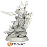 An armour clad wight lord holding a shield in one hand and a sword in the other. A 28mm scale resin miniature for your tabletop gaming from the fantasy heroes range by TT Combat. 