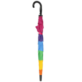 Umbrella with stripe rainbow design on the canopy, velcro strap closing and a curved handle