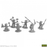 A pack of 6 Ratpelt Kobold Mooks from the Bones USA Dungeons Dwellers range by Reaper Miniatures. This pack contains six plastic Kobolds in various poses holding various weapons including axes, mace and spears
