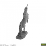 A Unicorn from the Bones USA Dungeons Dwellers range by Reaper Miniatures. This pack contains a plastic unicorn with front hooves raised off the floor in a majestic pose