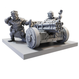 Halfling Howitzer for Kings of War by Mantic Games. two halfling miniatures operate a machine gun looking contraption mounted on a wooden structure with wheels.