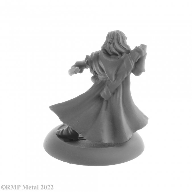 Lanaerel Grayleaf  from the Dark Heaven Legends metal range by Reaper Miniatures sculpted by Bobby Jackson. A great elf ranger or thief for your RPG adventure this metal miniature is reaching backwards to get an arrow from his quiver ready to fire and also has a dagger and pouch on his belt. 