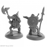 Orc Warriors from the Dark Heaven Legends metal range by Reaper Miniatures sculpted by Bobby Jackson.  A pack of two metal Orc miniatures for your gaming table, one holding a spear and pointing the other with an axe in a fighting stance. 