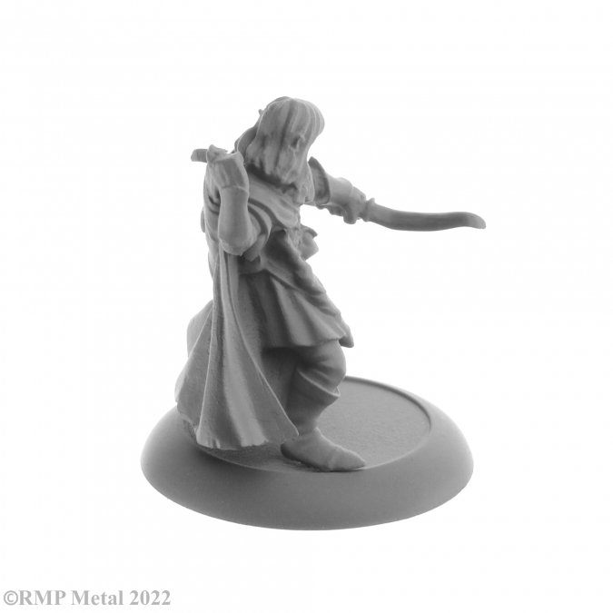 Lanaerel Grayleaf  from the Dark Heaven Legends metal range by Reaper Miniatures sculpted by Bobby Jackson. A great elf ranger or thief for your RPG adventure this metal miniature is reaching backwards to get an arrow from his quiver ready to fire and also has a dagger and pouch on his belt. 