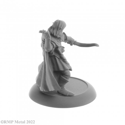 Lanaerel Grayleaf  from the Dark Heaven Legends metal range by Reaper Miniatures sculpted by Bobby Jackson. A great elf ranger or thief for your RPG adventure this metal miniature is reaching backwards to get an arrow from his quiver ready to fire and also has a dagger and pouch on his belt. 