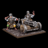 Halfling Howitzer for Kings of War by Mantic Games. two halfling miniatures operate a machine gun looking contraption mounted on a wooden structure with wheels.