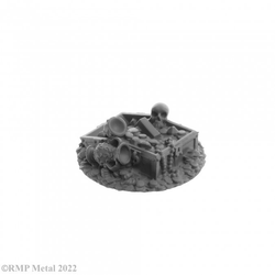 Treasure Pile from the Dark Heaven Legends metal range by Reaper Miniatures. This pack contains a treasure pile featuring a skull, coins, chest and goblets