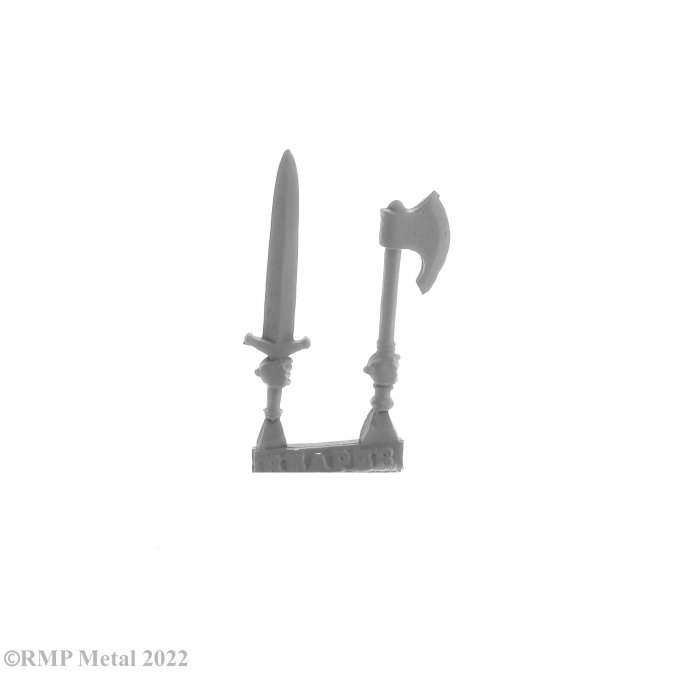 Jana Frostwind Barbarian from the Dark Heaven Legends metal range by Reaper Miniatures, holding a shield in one hand and wearing a horned helm and fur topped boots this metal miniature has a choice of sword or axe for her other hand. this image is of the sword and axe weapon choice