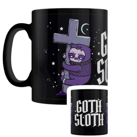 A black mug featuring a purple, fishnet wearing sloth hangs from a graveyard crucifix, a crescent moon in the starry sky behind.