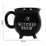 Witches Brew Cauldron Mug, a black mug in the shape of a cauldron with a moon, starts and the words Witches Brew written in white. and the dimensions 