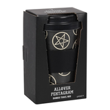 travel mug with pentagram symbols all over in a black box
