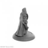 Ailene Female Cleric from the Dark Heaven Legends metal range by Reaper Miniatures, with the hood of her cloak up, shield in one hand and mace in the other