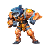 Overdrive by Mantic Games. A miniature of one of the creatures from the game, a shark type creature in armour 