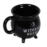 Witches Brew Cauldron Mug, a black mug in the shape of a cauldron with a moon, starts and the words Witches Brew written in white 