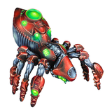 Overdrive by Mantic Games. A miniature of one of the creatures from the game, a spider like creature in armour